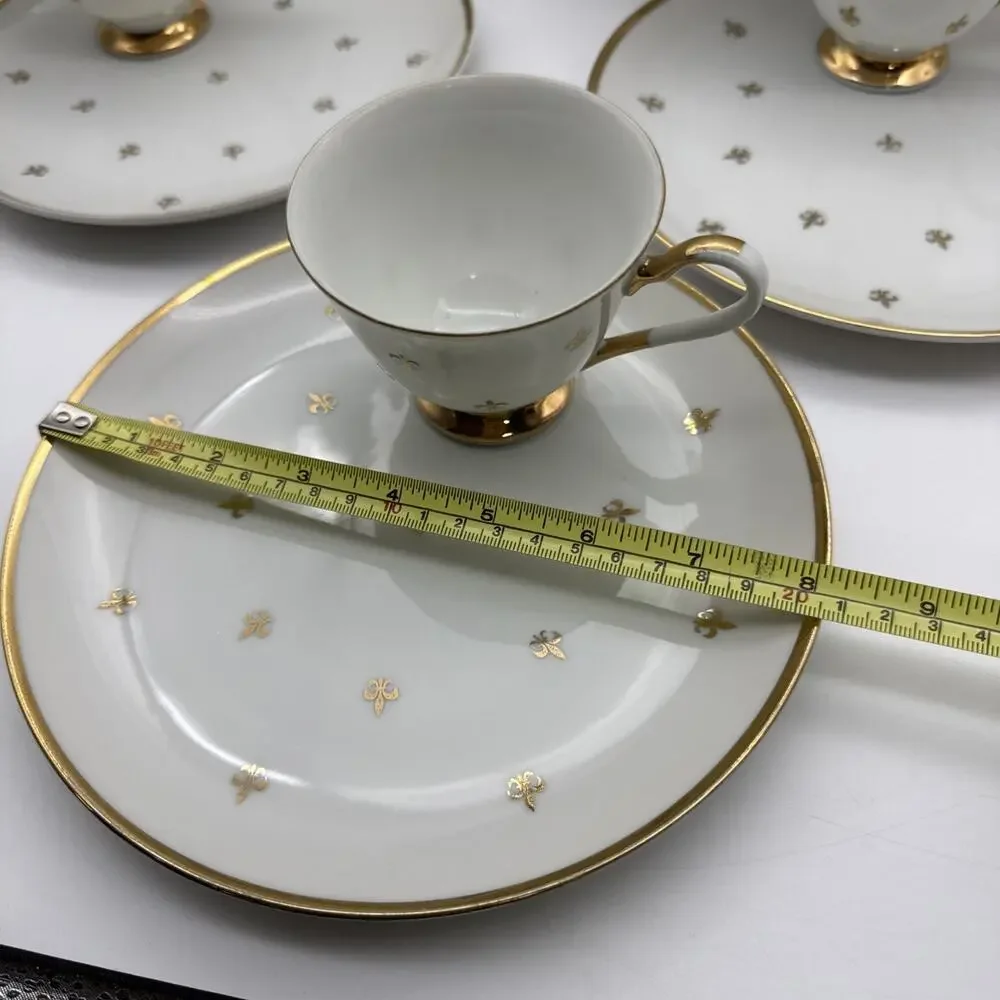 Set Of 7 (50-60's) Fleur de Lis Snack Set Gold & White -Plates & Tea/Coffee Cups